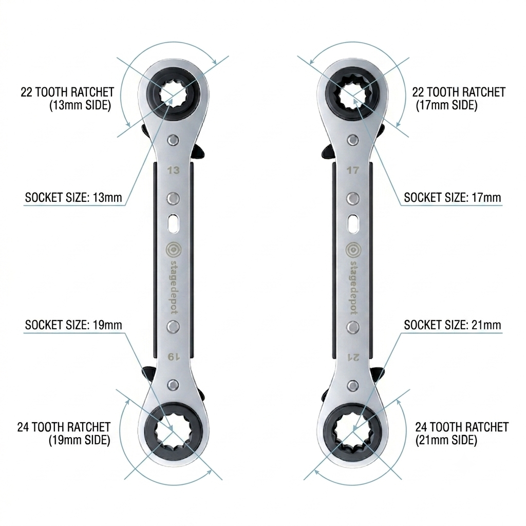 A close up of the Stage Depot Quadspanner showing small movement required for ratchet mechanism